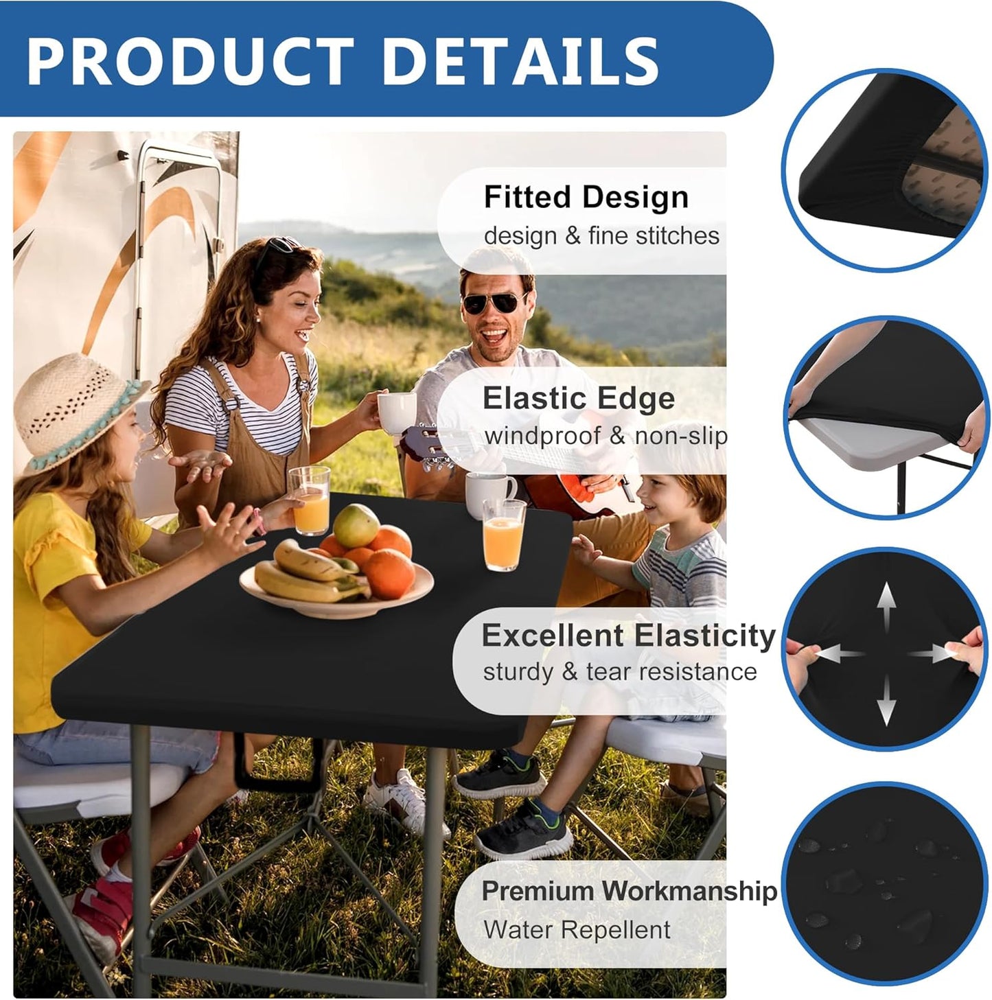 Fitted Tablecloth for 8 Foot Rectangle Tables-4 Pack Black Elastic Outdoor Picnic Table Cover-Spandex Stretch Folding Table Cloths 8ft for Camping Dining Room Patio Kitchen Banquet Party