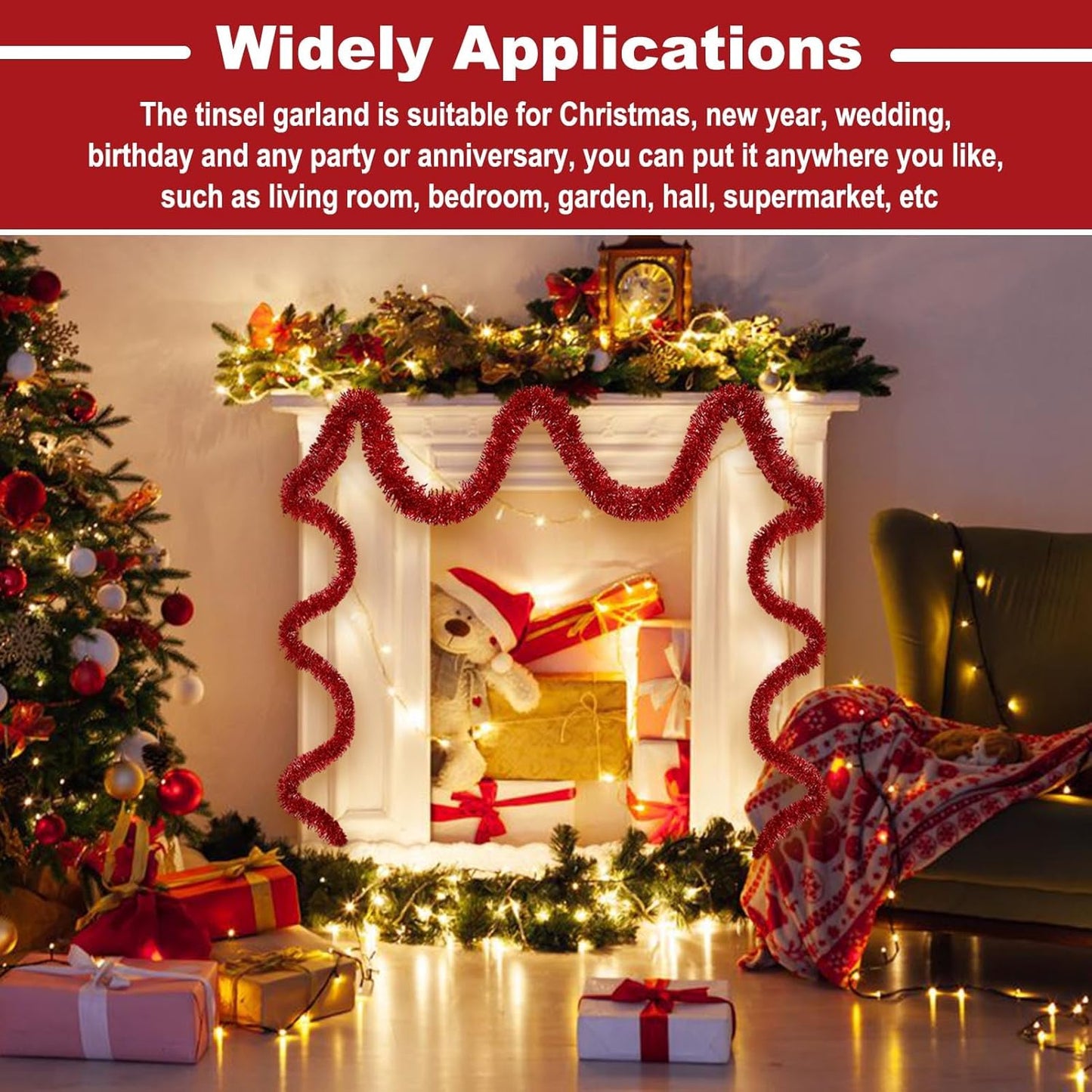 50 Feet Christmas Tinsel Garland, Metallic Twist Wall Hanging Tinsel Backdrop for Parade Floats, Carnival, Birthday, Wedding, New Year Party Decorations (Red, 2in x 50ft)