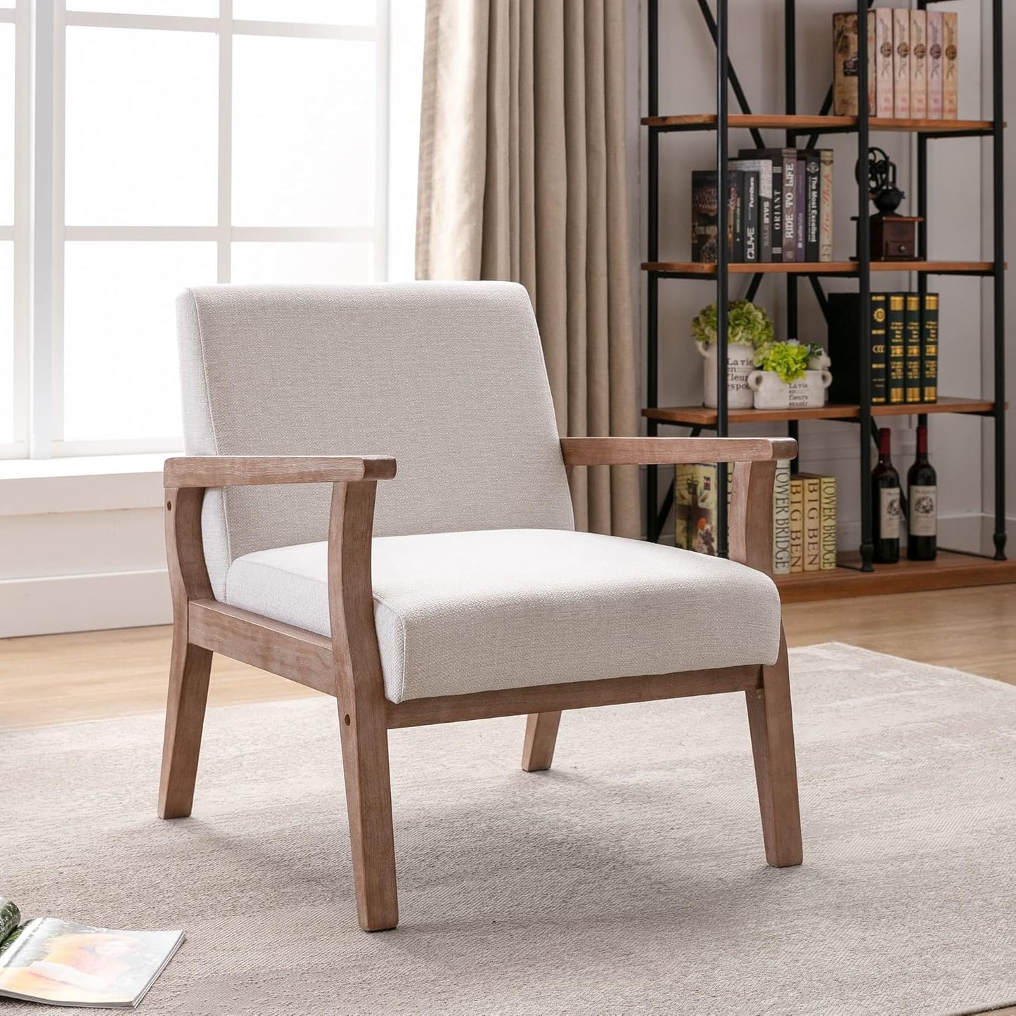 Mid Century Modern Accent Chair Set of 2, Linen Upholstered Living Room Accent Armchair with Wood Frame, Farmhouse Chair for Living Room Bedroom, Ivory