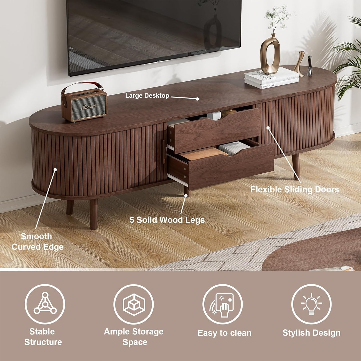 55" Mid Century TV Stand, Fluted TV Stand Fits 32" to 60" TVs. Wood Entertainment Center for Living Room, Farmhouse Modern TV and Media Console Table with Storage, Curved Edge and Sliding Door, Walnut