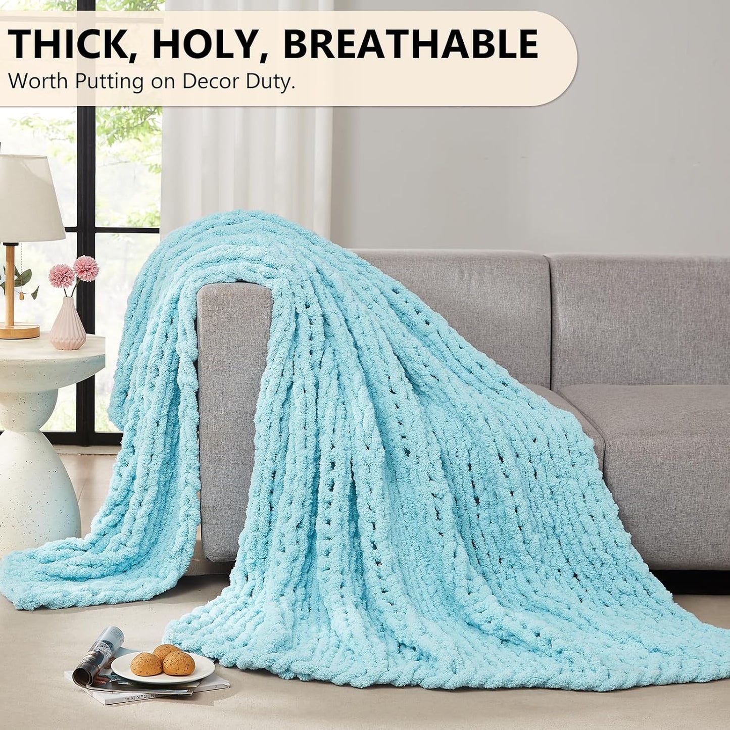 L'AGRATY Chunky Knit Blanket Throw - Soft Chenille Yarn Throw Blanket 30x40：Handmade Thick Cable Knit Crochet Blanket - Large Knit Blanket Chunky Rope Knot Throw Blanket for Couch Sofa Bed Home Decor