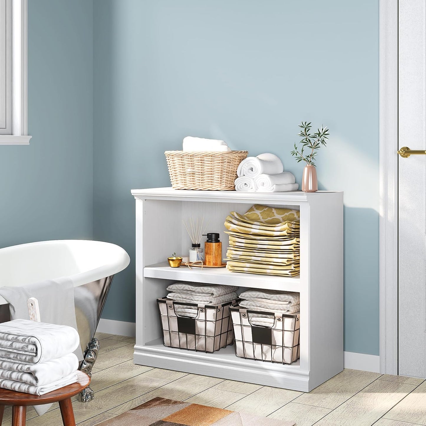 30" Bookcase, White Floor Standing Bookshelf, 2-Tier Display Shelves Open Storage Organizer, Book Case for Living Room Hallway Kitchen Home Office Bedroom, White 2 Tiers