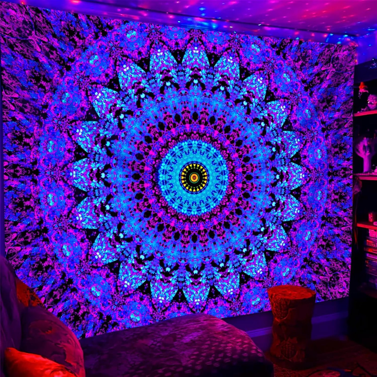 Blacklight Mandala Boho Tapestry, Black Light Bohemian Hippie Poster for Adults and Teens, UV Reactive Aesthetic Wall Art Decor for Bedroom (40 x 30 Inches)