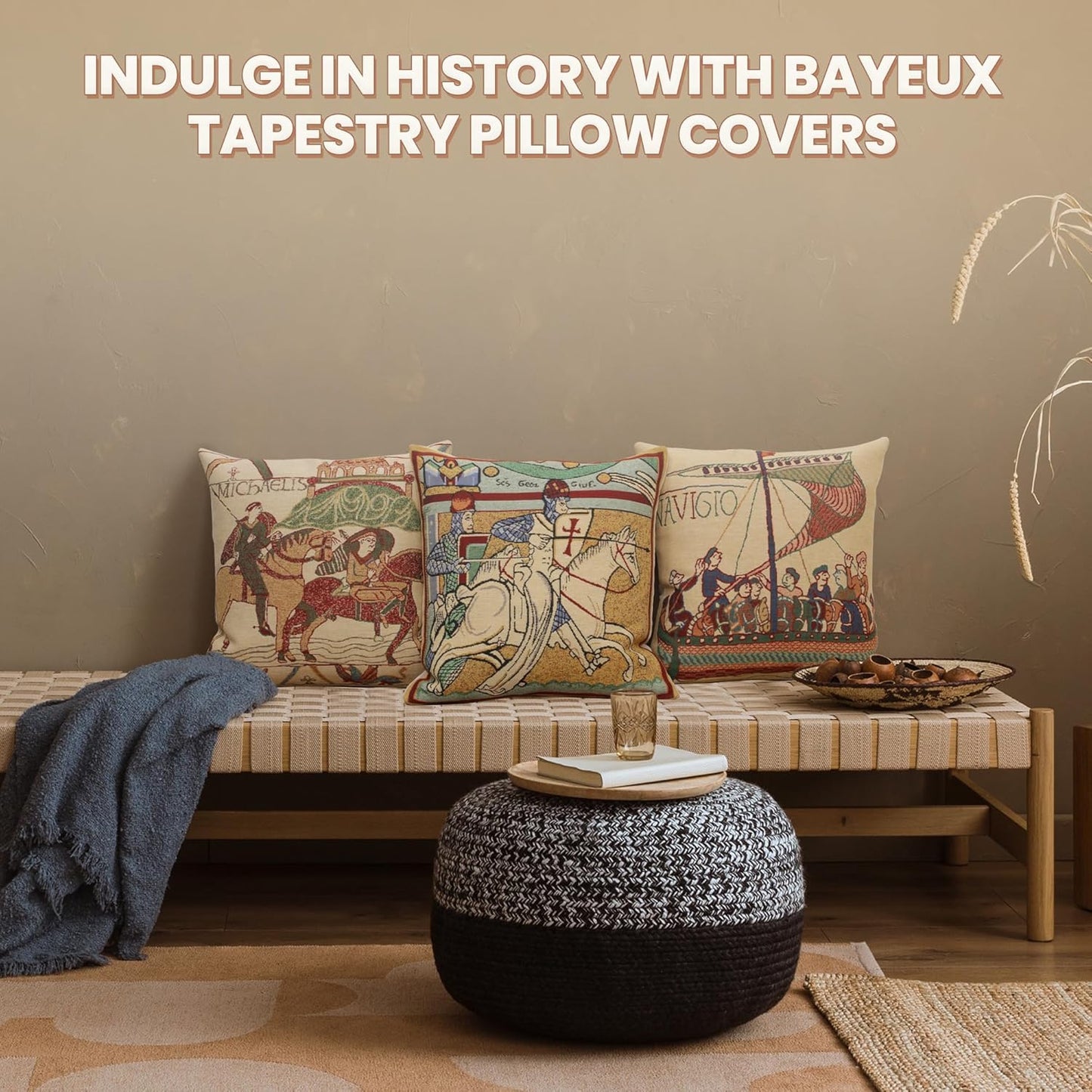 Charlotte Home Furnishings Bayeux Mare Throw Pillow Cover 16" x 16" – Medieval Ship Decorative Tapestry Cushion Case for Sofa, Couch, & Bed | Cotton Jacquard Woven in Europe | Insert Not Included