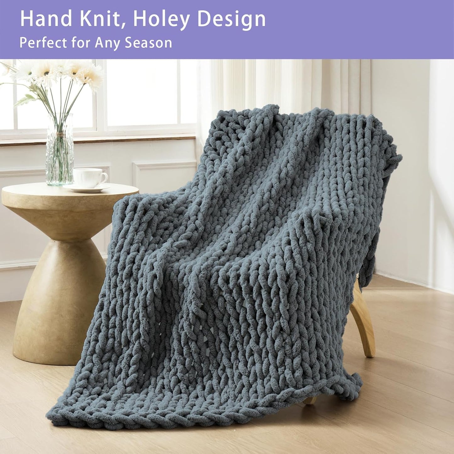 Bigacogo Chunky Knit Throw Blanket for Couch, 51x63 inches, 100% Hand Knitted with Thick Jumbo Chenille Yarn, Cozy Soft Large Rope Knot Cable Crochet Blankets for Sofa Bed Living Room, Iron Gray