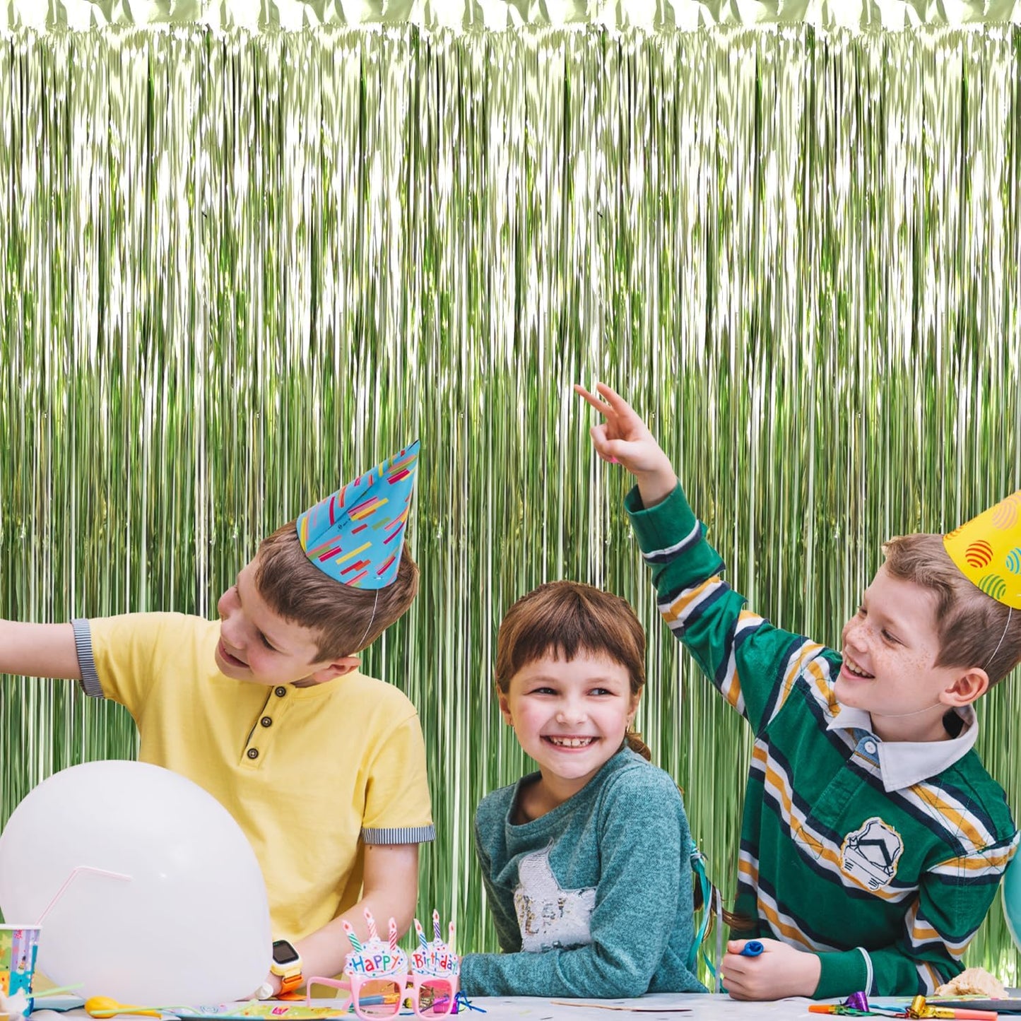 GOER 3.2 ft x 9.8 ft Metallic Tinsel Foil Fringe Curtains Party Photo Backdrop Party Streamers for Birthday,Graduation,New Year Eve Decorations Wedding Decor (4 Pcs,Sage Green)