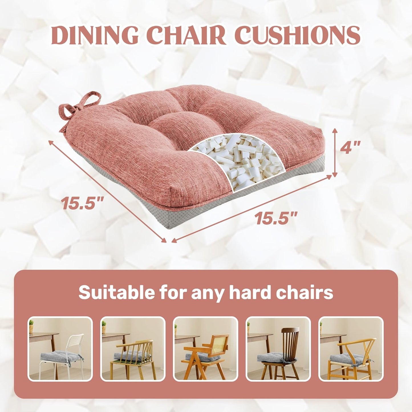 puredown® Chair Cushions for Dining Chairs, Tufted Memory Foam Chair Pads with Non-Slip Backing, Kitchen Seat Cushions with Ties, Washable Seat Pads Set of 4, 15.5" x 15.5" x 4", Pinky
