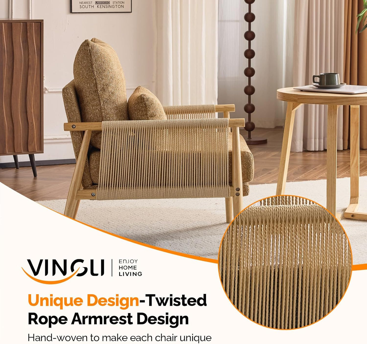 VINGLI Boho Braid Accent Armchair,Mid-Century Modern Chiar with Solid Wooden Armrest,Comfy Louge Cushion Chair with Waist Pillow for Bedroom,Living Room,Reading Room, Khaki