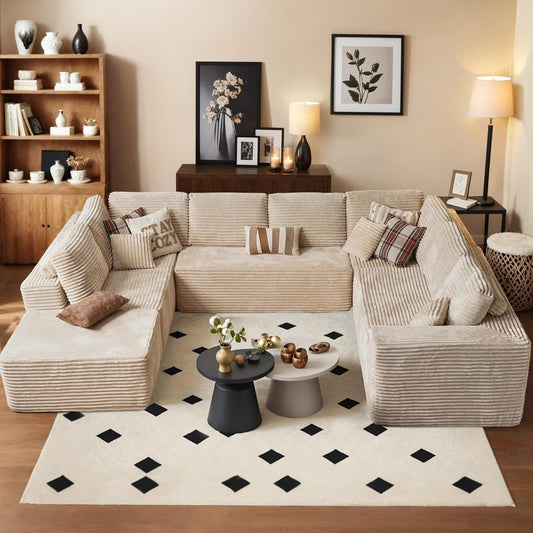 HOOOWOOO Cloud Sectional Couches for Living Room,Modular Sectional Sofa No Assembly,136X108 Inch Plush Corduroy Large U Shaped Floor Couch Set with Deep Seat Ottoman(Beige)