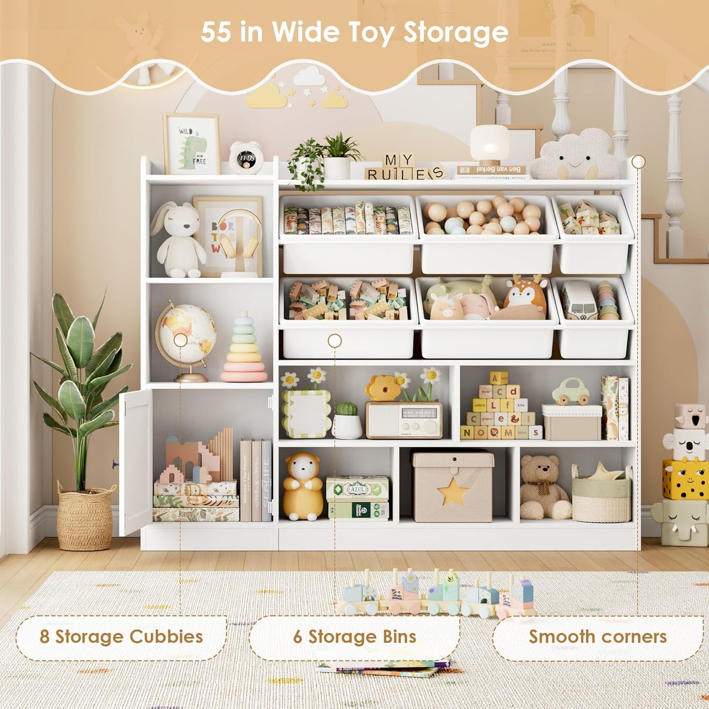 Toy Storage Organizer, 55” Wide Toy Organizers and Storage with 8 Storage Cubbies & 6 Toy Bins, Large Toy Box with Bookshelf, Playroom Storage for Playroom, White