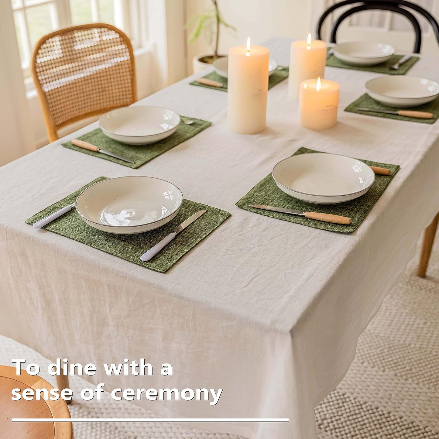 Home Brilliant Linen Cloth Placemats Set of 8 Heat Resistant Dining Table Place Mats Table Mat Kitchen for Wedding Holiday Parties Decor, Green
