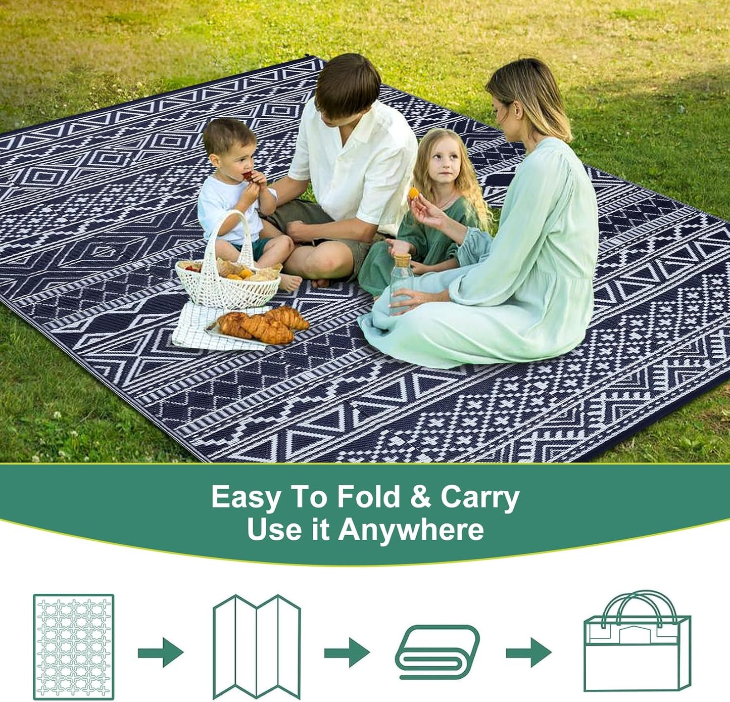 GAOMON Outdoor Rugs Patio Camping Waterproof Rug 6'x9' Plastic Straw Patio Rug Portable for Campers, Outside RVs Mat for Patios Clearance, Backyard Porch, Balcony, Dark Blue/White(Bohemia)