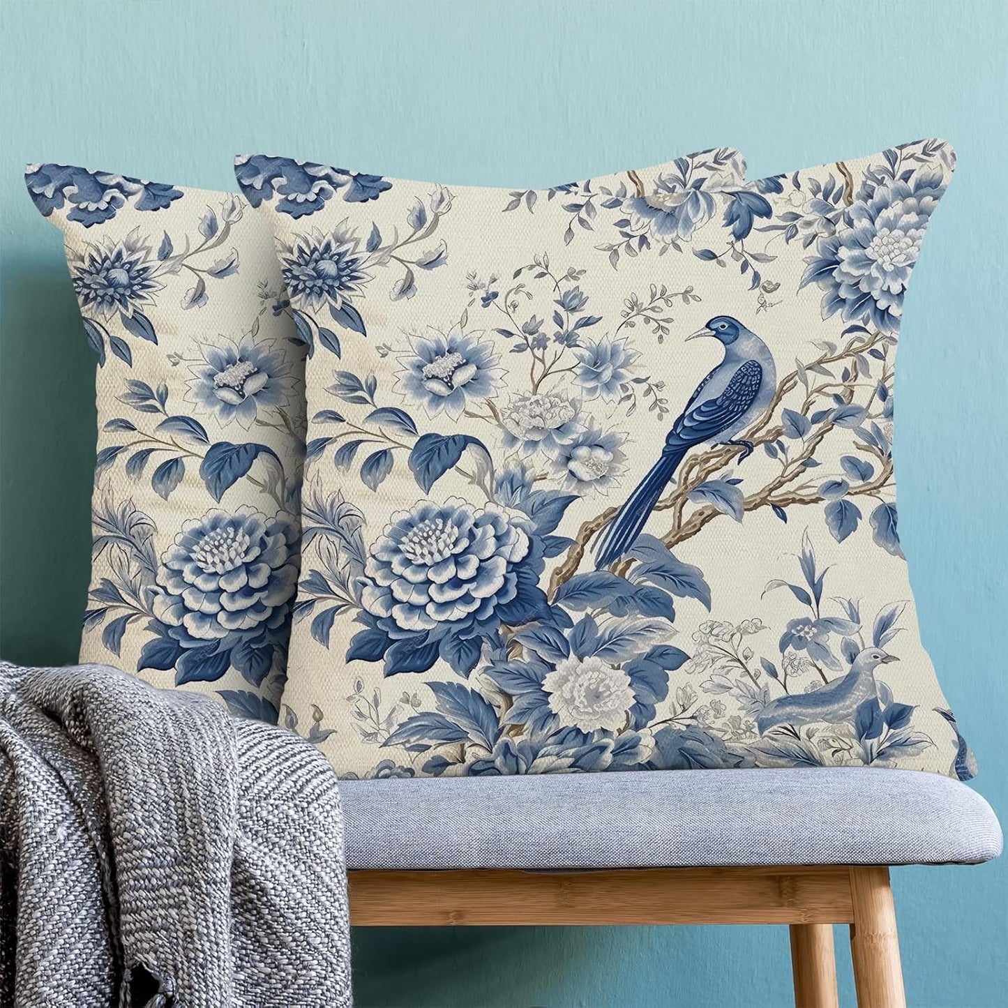 CXMEIFLY Spring Floral Pillow Covers 16 x 16 Inch Set of 2 for Chinoiserie Flowers Bird Decor Throw Pillows Vintage Blue and White Plant Outdoor Decorative Cushion Cases for Couch Bed Decorations