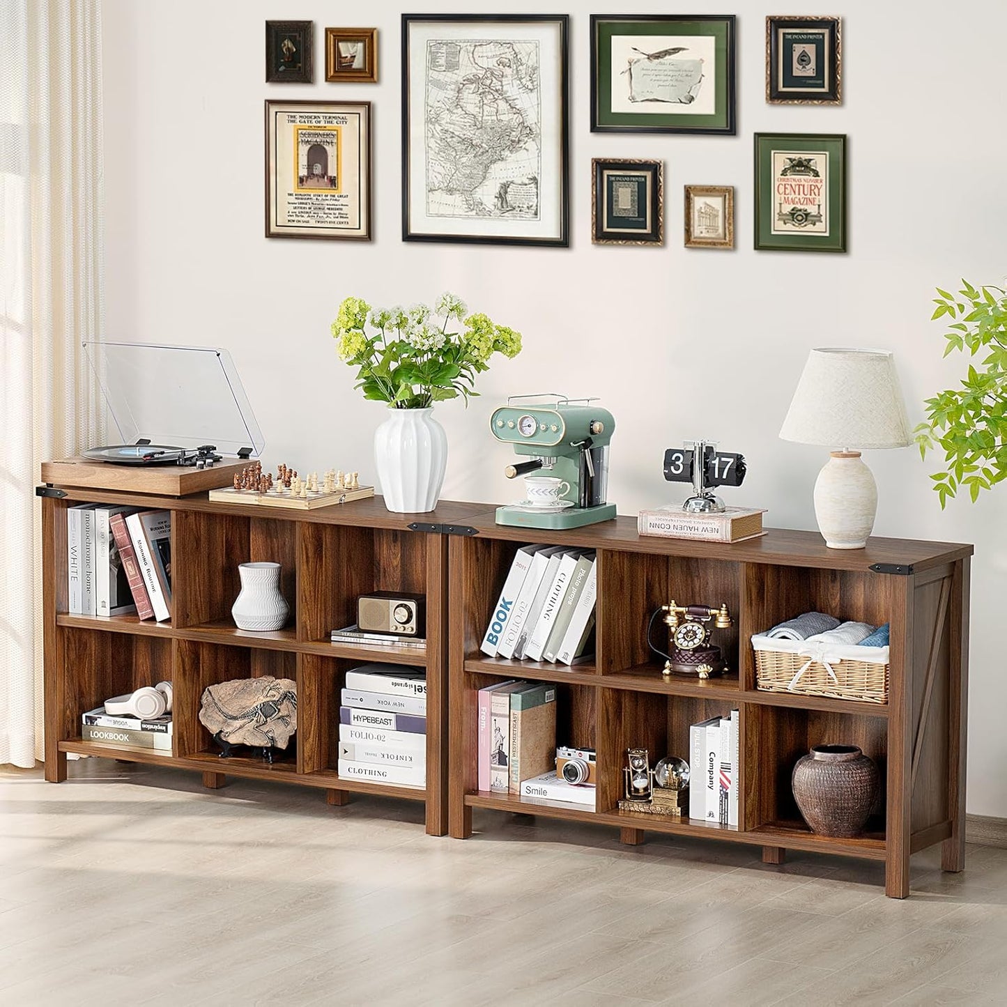 8 Cube Book Shelf, Farmhouse Wood Long Storage Organizer Bookcase, 62" Horizontal Brown Walnut Console Closet Bookshelf, Hallway TV Stand for Entryway, Display Cabinet Book Case for Office