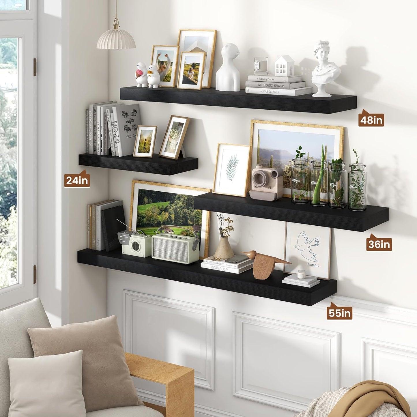Heimlove 55 Inch Floating Shelves for Wall,10 Deep Large Black Wall Shelf with Heavy Duty Brackets,Mounted Storage & Display Shelves for Bedroom,Living Room,Kitchen,Office,Set of 2