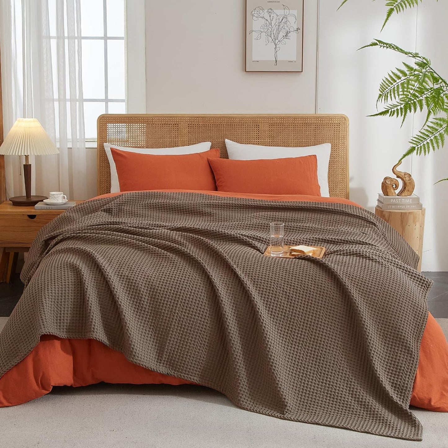 PHF Ultra Soft Waffle Weave Blanket King Size Cocoa Brown（104"x 90"）- Washed Lightweight Breathable Cozy Woven Blanket for Bed - Aesthetic Decor for Couch Bedding Sofa Home Car