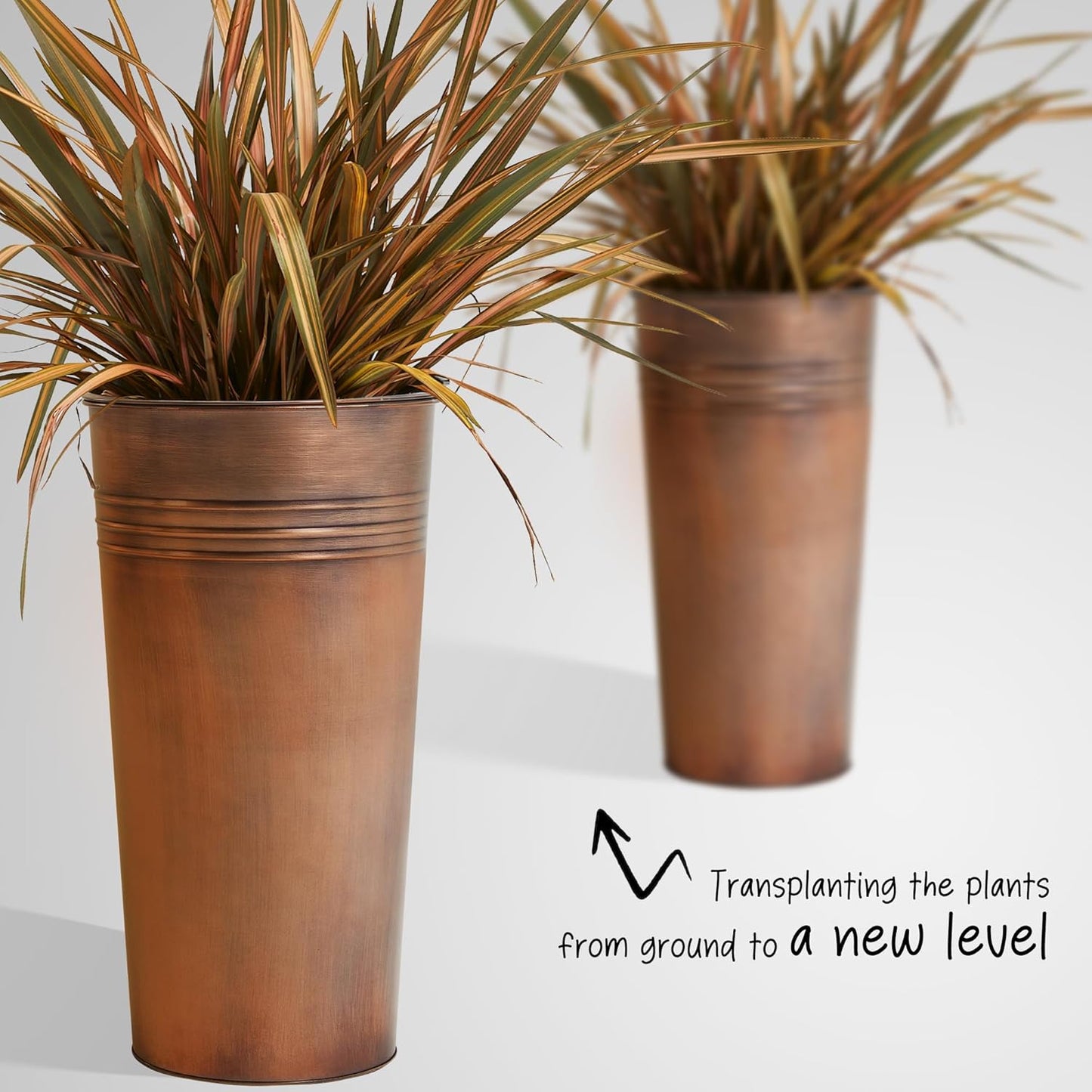 KOL 28'' Tall Galvanized Steel Planter Pot - Flower Pot with Water Level Indicator for Plants - 2 Pack Self Watering Planters - Round Bronze Powder Metal Planter Box - Indoor Outdoor Grande Plant