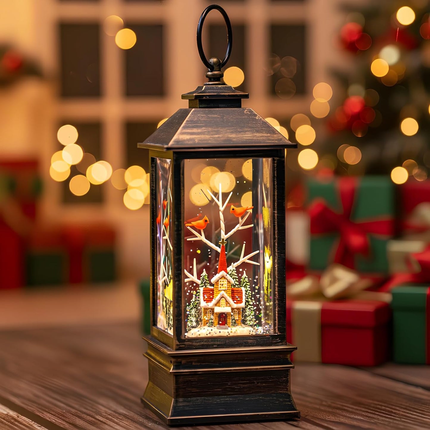 10'' Christmas Snow Globe Lantern Lighted Christmas Village Church Scene Musical Water Lantern with Swirling Glittering Home Decoration and Gift, Battery Operated or USB Powered