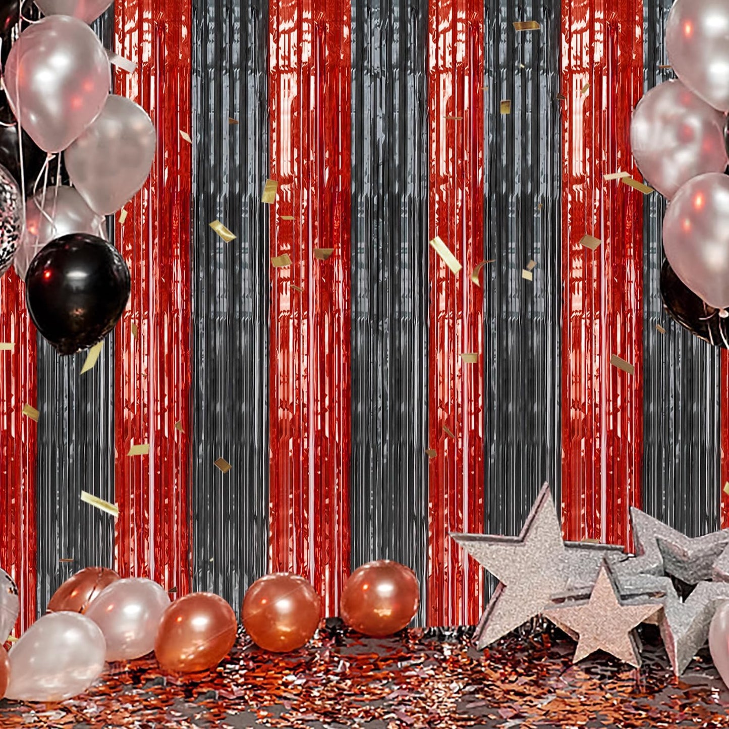 3 Pack Foil Fringe Backdrop - Red&Black Shiny Tinsel Curtains for Party Decoration/Photo Booth Props - 3.3x8.2 FT Metallic Foil Backdrop for Birthday, Wedding, Graduation, Christmas.
