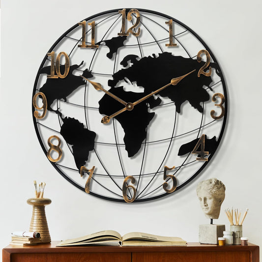 Oversizd Large Wall Clock - 32 Inch World Map Minimalist Modern Metal Silent Non-Ticking Battery Operated Wall Clocks for Living Room Office Farmhouse Home Decor