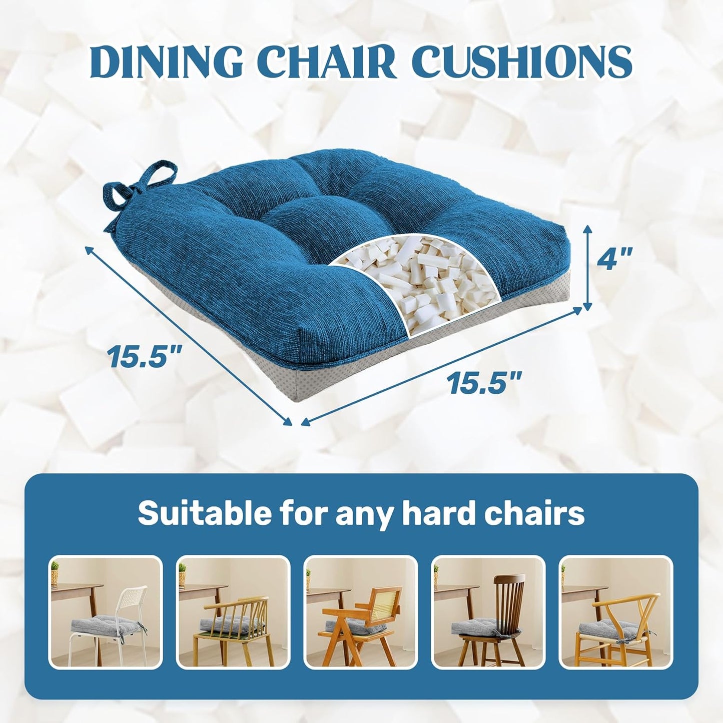 puredown® Chair Cushions for Dining Chairs, Tufted Memory Foam Chair Pads with Non-Slip Backing, Kitchen Seat Cushions with Ties, Washable Seat Pads Set of 4, 15.5" x 15.5" x 4", Navy