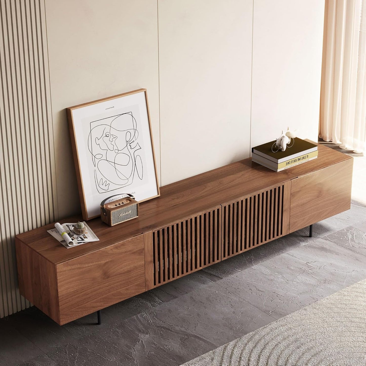 Mid Century Modern TV Stand for 80+ Inch TVs, 94.48" Walnut Console with Ample Storage – Stylish Entertainment Center for Living Room or Bedroom