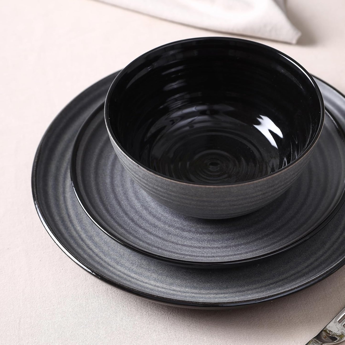 Stone Lain Dua 24-Piece Dinnerware - Stoneware, Plate and Bowls, Dishwasher and Microwave Safe, Dish Set for 8, Black