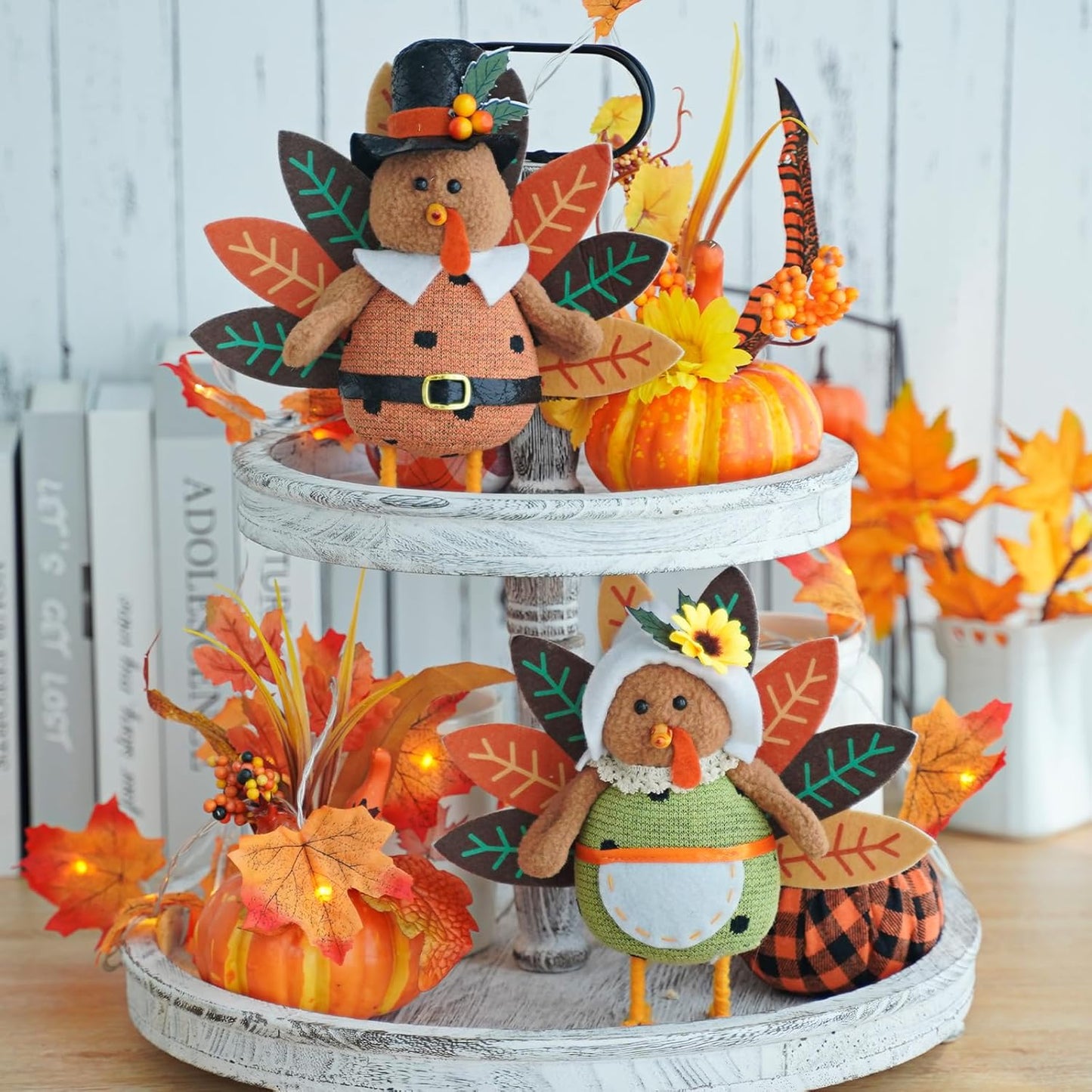 CRCZK Thanksgiving Turkey Decoration Fall Harvest Tabletop Decor Standing turkey with Dangling Legs, 2 Pack Plush Stuffed Turkeys Shelf Figurine Gift for Autumn Fall Harvest Halloween Home Decorations