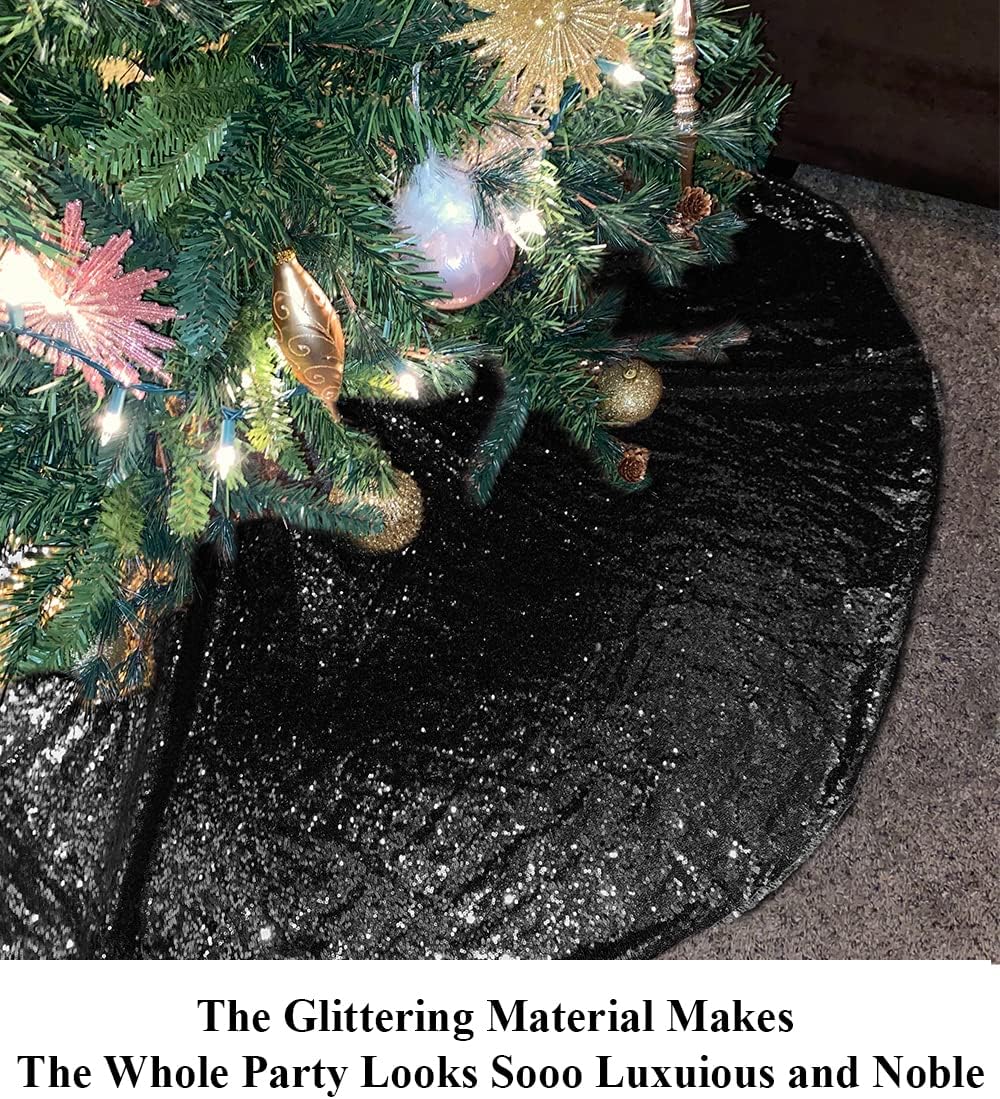 Partisout 48 Inch Black Sequin Christmas Tree Skirt - Glitter Holiday Decor for Xmas, Halloween, Winter Parties