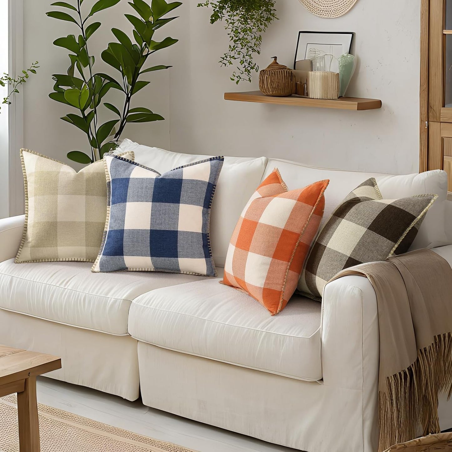 decorUhome Buffalo Plaid Check Throw Pillow Covers 22x22 Set of 2, Outdoor Decorative Farmhouse Neutral Pillow Covers with Stitched Edge for Bed Couch Sofa, Navy Blue and White