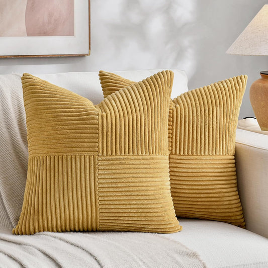 Fancy Homi 2 Packs Mustard Yellow Euro Decorative Throw Pillow Covers 28x28 Inch for Couch Bed, Farmhouse Boho Home Decor, Soft Corss Corduroy Patchwork Textured Square Cushion Case 71x71 cm