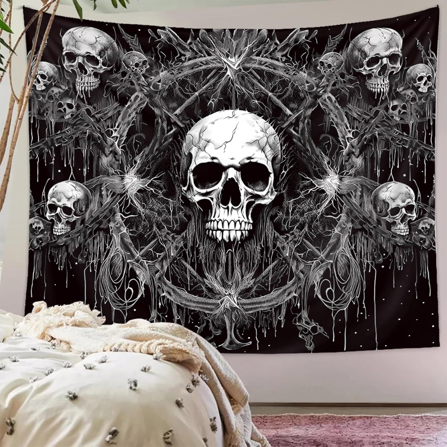 Tapzen Gothic Black and White Wall Tapestry - Dark Skeleton Horror Design - Aesthetic Cool for Bedroom, Living Room or Dorm (80 x 60 inches)