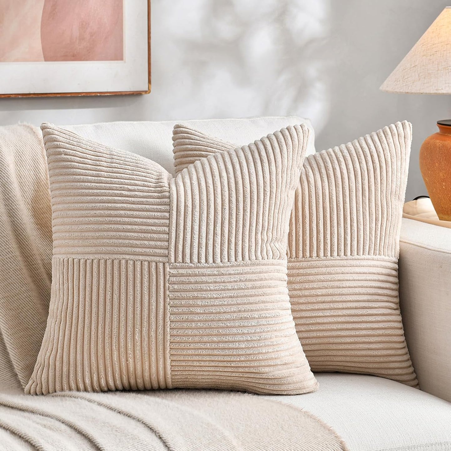 Fancy Homi 2 Packs Tan Euro Decorative Throw Pillow Covers 28x28 Inch for Living Room Couch Bed, Farmhouse Boho Home Decor, Soft Corss Corduroy Patchwork Textured Square Beige Cushion Case 71x71 cm
