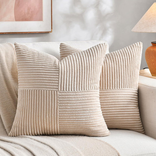 Fancy Homi 2 Packs Tan Decorative Throw Pillow Covers 18x18 Inch for Living Room Couch Bed, Rustic Farmhouse Boho Home Decor, Soft Corss Corduroy Patchwork Textured Square Beige Cushion Case 45x45 cm