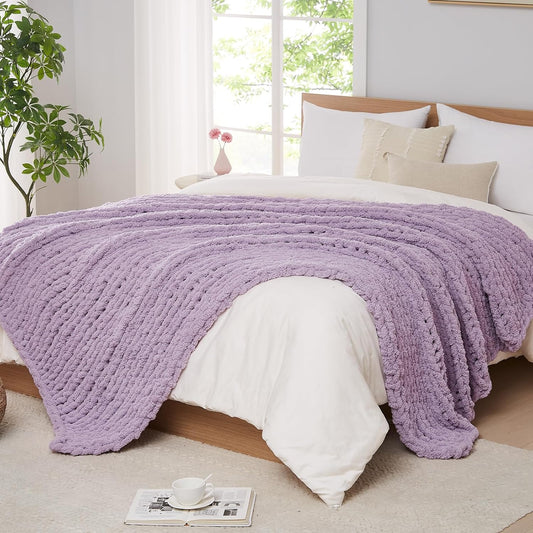 L'AGRATY Chunky Knit Blanket Throw: 80''x90'' Chenille Chunky Knitted Throw Blanket for Bed Couch - Handmade Thick Big Cable Knit Blanket - Large Chunky Crochet Rope Blanket for Home Decor(Purple)