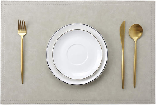 Waterproof PU Placemats, Faux Leather Dining Table Mat, Set of 4, Easy to Wipe Off Scrub Vinyl Mat, Heat & Stain Resistant for Office Conference Table, Home Decor G Parchment White