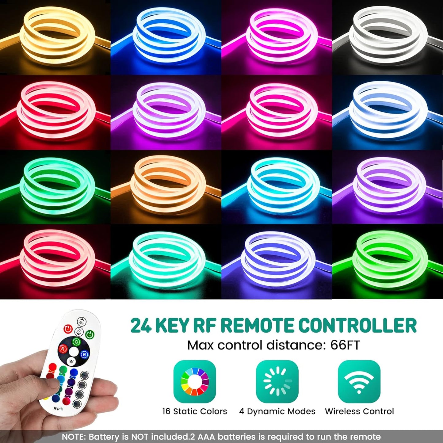 GZBtech RGB LED Neon Rope Lights 66FT/20M, AC 110-120V Waterproof Color Changing LED Rope with Remote Controller, Dimmable Multi Color Neon Rope Lighting for Indoor Outdoor Commercial Use