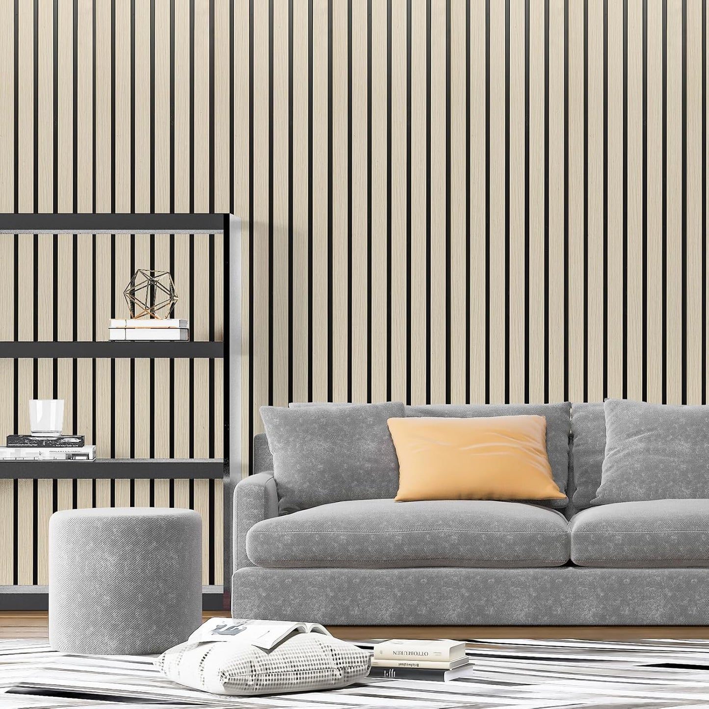 Art3d 4-Pack Glue-On Six-Grid Wainscoting Panel for Interior Wall Decor - 104 x 12 Inch Polystyrene Ultralight Slim Slat Wall Panels for Living Room Bedroom, Oak