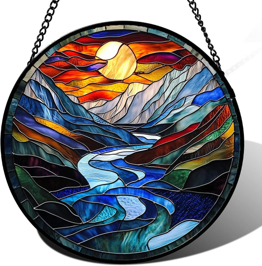 Stained Glass Window Hanging, Canyon Mountains Sunset View Sun Catcher for Window Home Decor Landscape Suncatcher Mother's Day Birthday Gifts for Women Men Mom and Nana 15 in