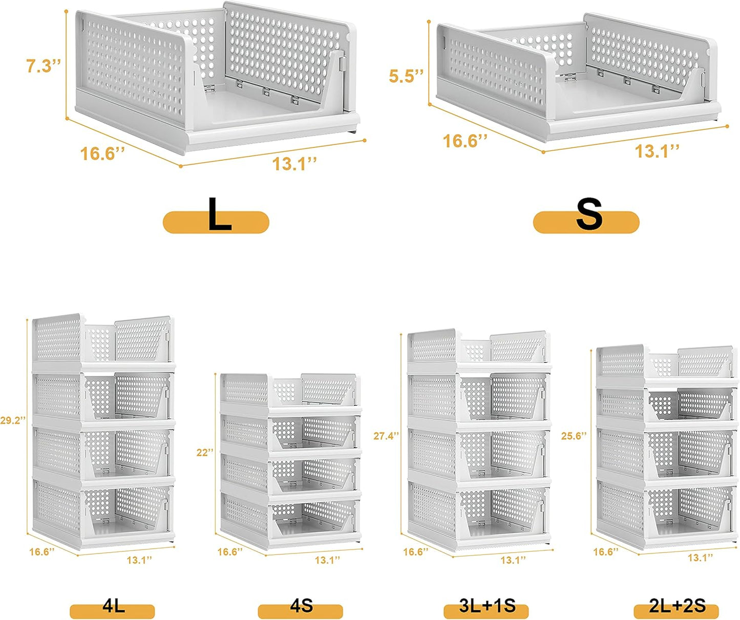 4 Pack Stackable Plastic Storage Basket Closet Organizer Bin Foldable Clothes Organizer Storage Drawer Shelf Container for Living Room Bathroom Kitchen Office (2L+2S)