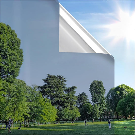 rabbitgoo Window Privacy Film One Way Window Tint for Home, Removable Reflective Heat Sun Blocking Anti UV Glass Door Covering, Mirror Tinting Film House Office, 35.4 in X 32.8 Feet, Silver