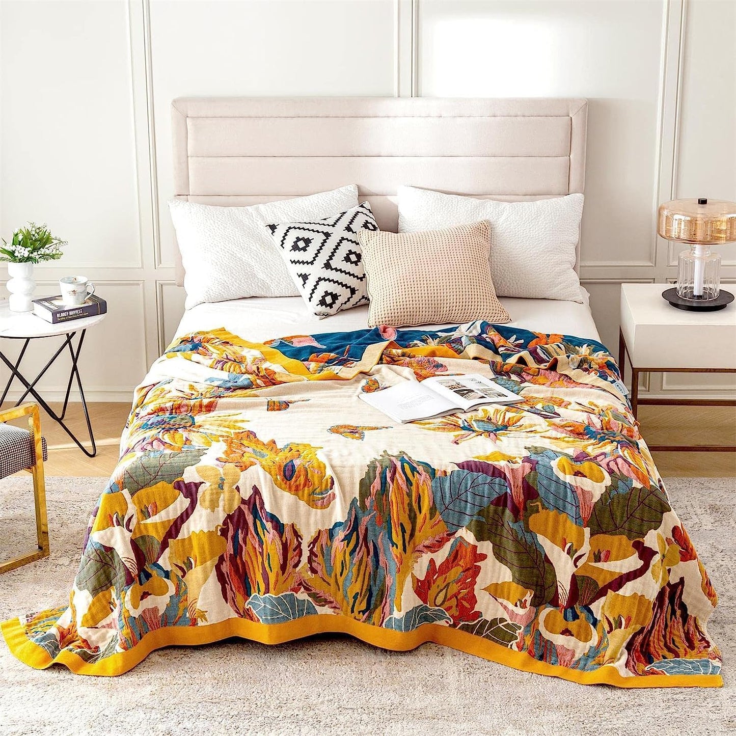 100% Cotton Throw Blanket for Bed Couch Summer 98''x 98'' Super Soft Muslin Blankets Warm Boho Quilt Lightweight Farmhouse Decorative Bed Blankets