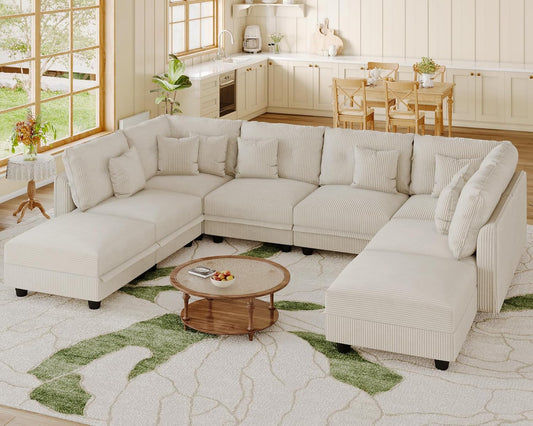 LLappuil Modular Sectional Sofa with Storage Seats, Corduroy Convertible Modular U Shaped Sectional Couch for Living Room, 8 Seat Oversized Sofa with 8 Back Cushion 8 Throw Pillow, Beige