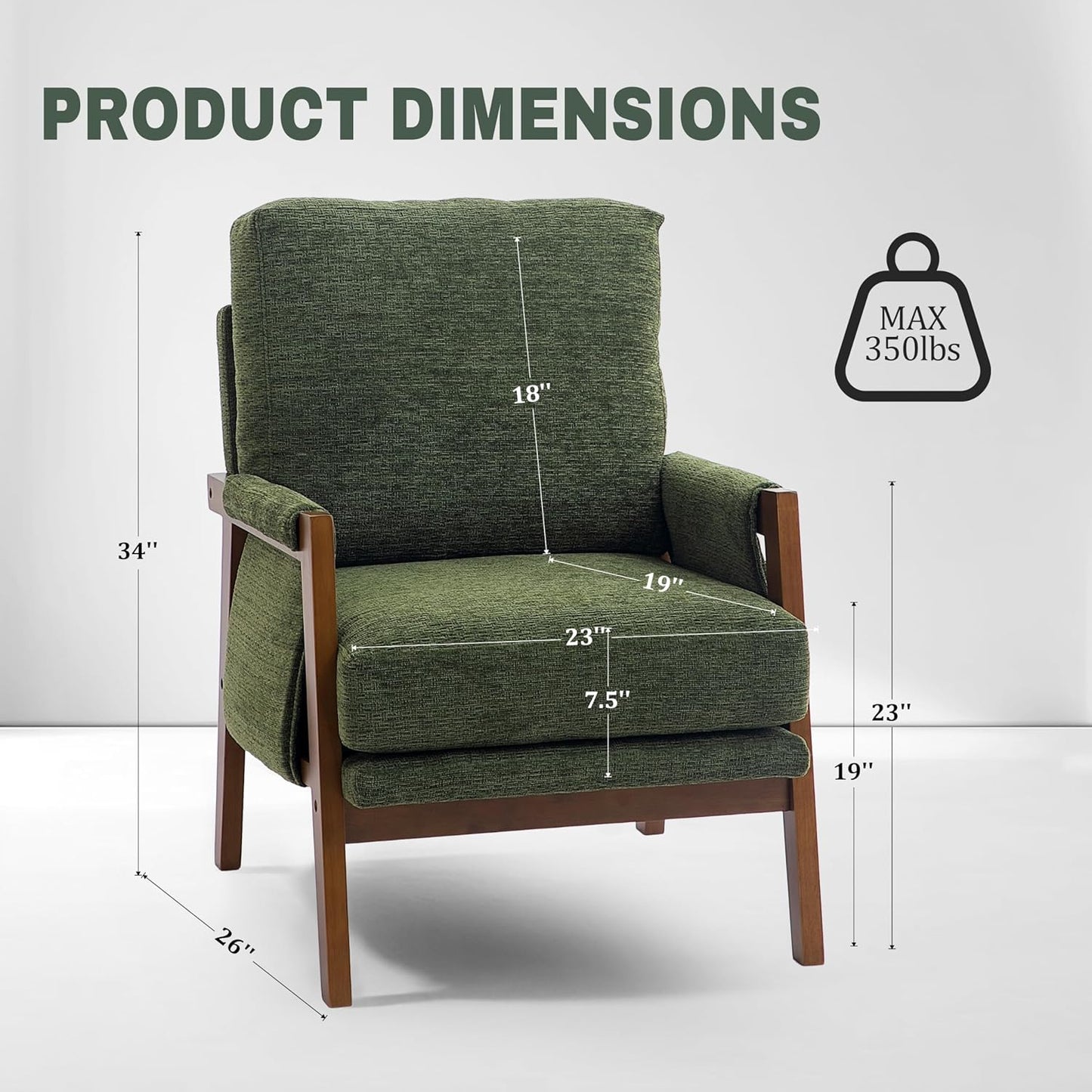 Modern Accent Chairs Set of 2 for Living Room Mid Century Arm Chairs Upholstered Bedroom Chairs Comfy Lounge Chairs with Solid Wood Frame, Green