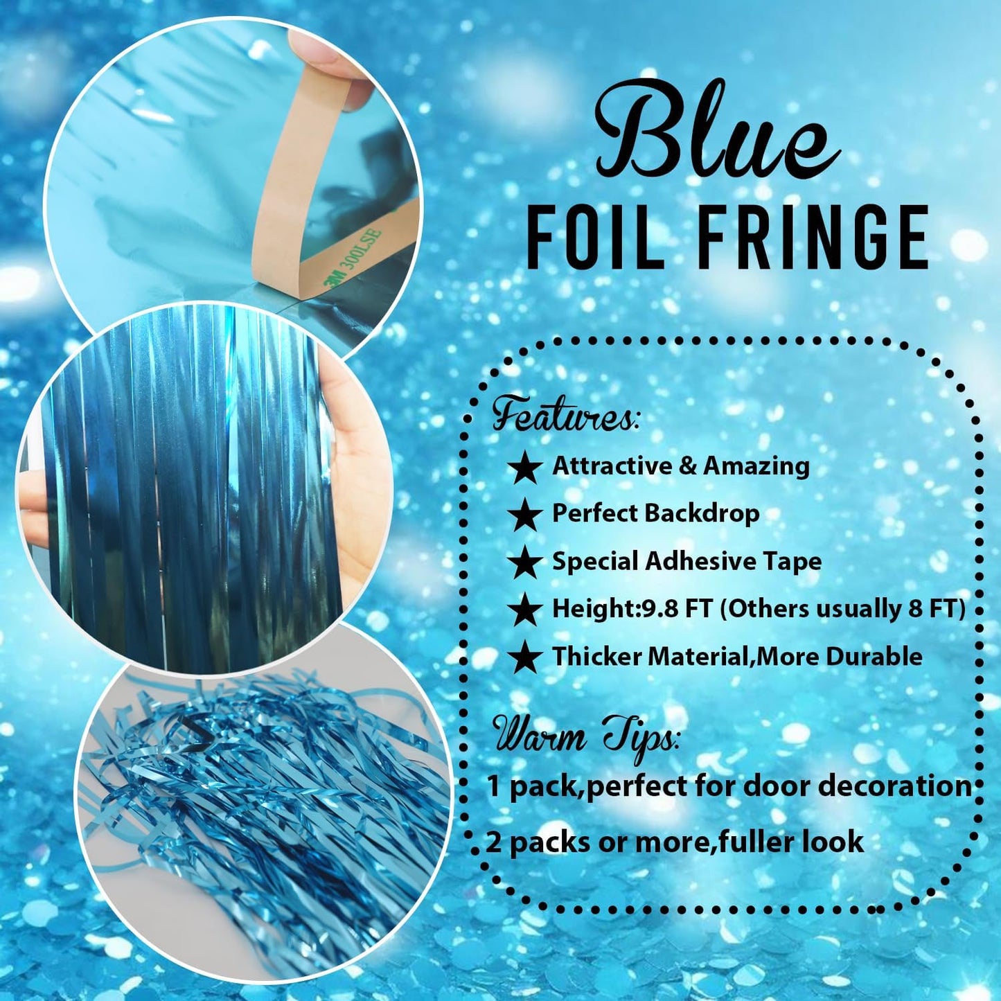 GOER 3.2 ft x 9.8 ft Metallic Tinsel Foil Fringe Curtains Party Photo Backdrop Party Streamers for Birthday,Graduation,New Year Eve Decorations Wedding Decor (Light Blue,3 pcs)