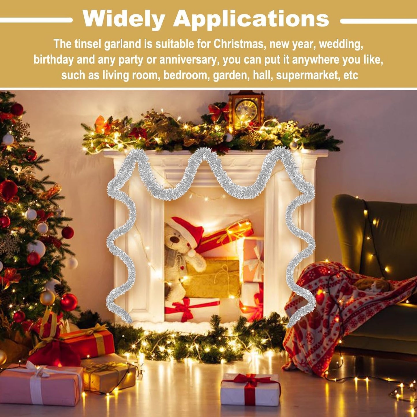 50 Feet Metallic Twist Tinsel Garland Wall Hanging Backdrop for Parade Floats, Christmas Eve, New Year, Valentine's Day Party Decorations (Silver, 2in x 50ft)