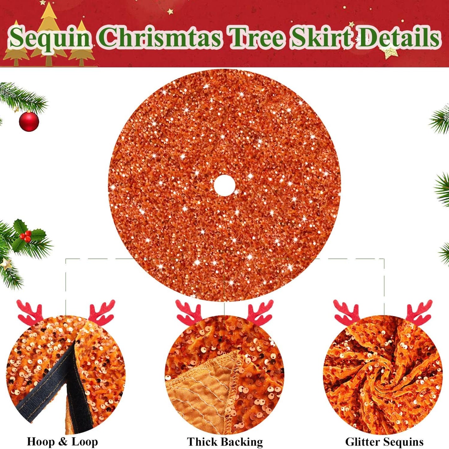MODFUNS 46 Inch Christmas Tree Skirt Sequins Burnt Orange Xmas Tree Skirt Soft Velvet Christmas Tree Skirts Christmas Tree Ornaments for Halloween Round Fabric Tree Cover Skirt Sequin Metal Tree Base
