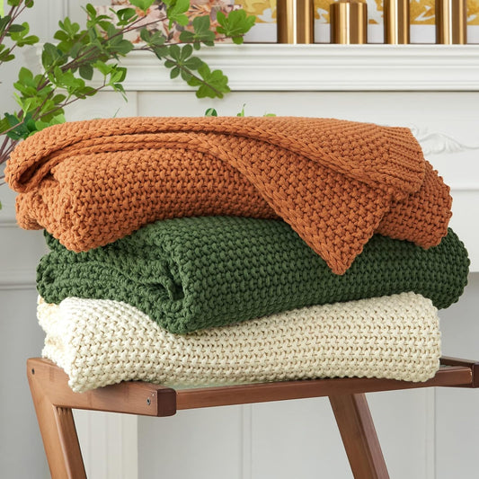 Longhui bedding Chunky Cable Knit Throw Blanket Lightweight Beige 100% Organic Cotton Blanket for Sofa Couch Bed Baby Nursery, Rustic Shabby Chic Modern Farmhouse, 60” x 80”