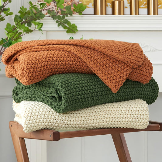 Longhui bedding Chunky Cable Knit Throw Blanket Lightweight Olive Green 100% Organic Cotton Blanket for Sofa Couch Bed Baby Nursery, Rustic Shabby Chic Modern Farmhouse, 60” x 80” Give Laundering Bag