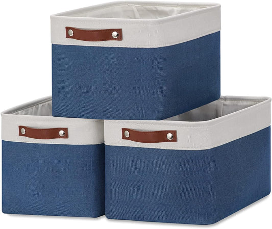 DULLEMELO Fabric Storage Bins, Foldable Storage Baskets for Organizing, Empty Gift Baskets (3-Pack Medium-15 inch X 11 inch X 9.5 inch , White&Blue)